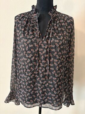 LOFT Black Sheer Blouse with Coral Floral Print